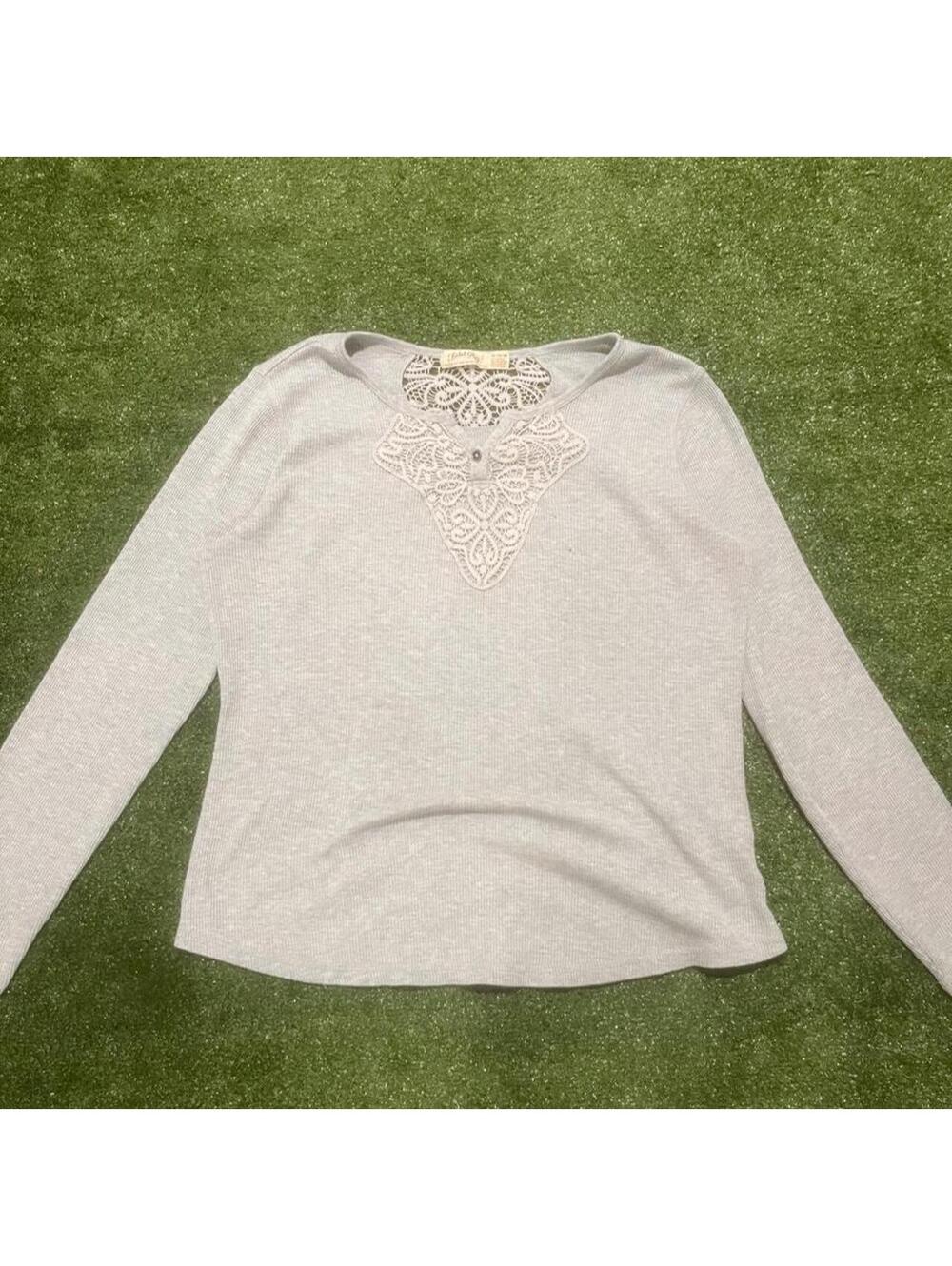 Y2K Faded Glory Grey Long Sleeve Top with Lace Detailing – Size XL
